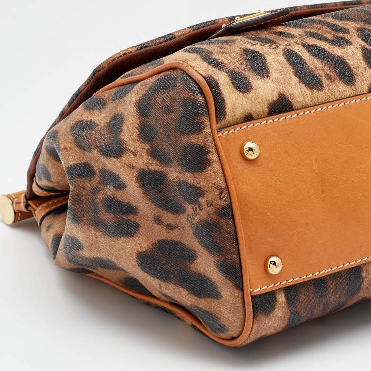 مملوكة مسبقًا Dolce & Gabbana Brown Leopard Coated Canvas and Leather Large Miss Sicily Top Handle Bag