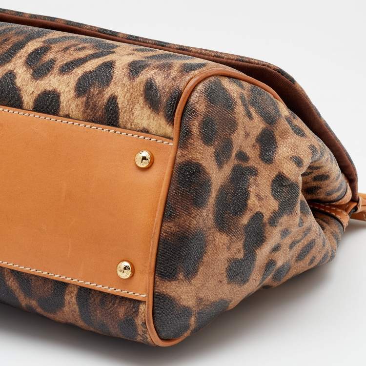 مملوكة مسبقًا Dolce & Gabbana Brown Leopard Coated Canvas and Leather Large Miss Sicily Top Handle Bag