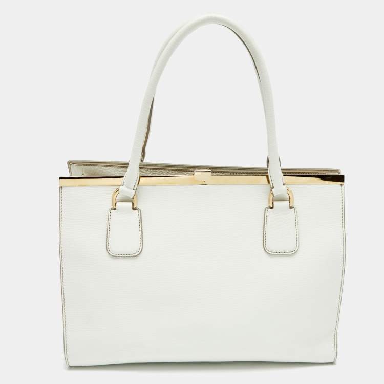 Pre Owned Dolce & Gabbana White Leather Large Frame Tote