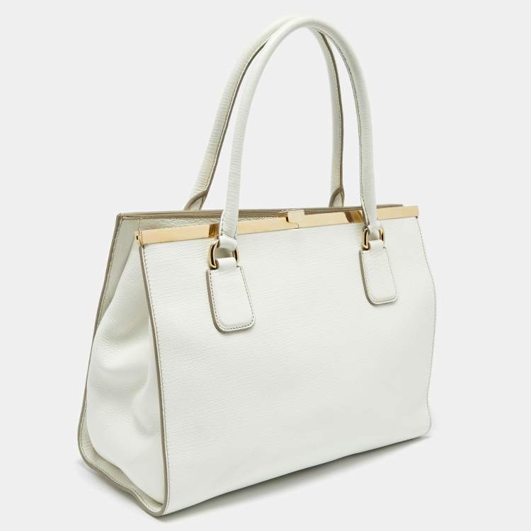 Pre Owned Dolce & Gabbana White Leather Large Frame Tote