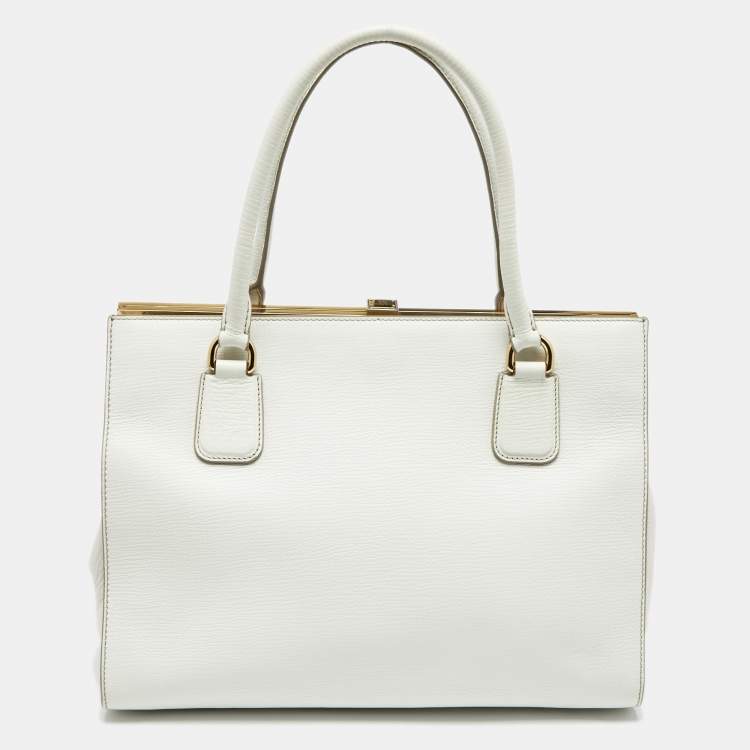 Pre Owned Dolce & Gabbana White Leather Large Frame Tote