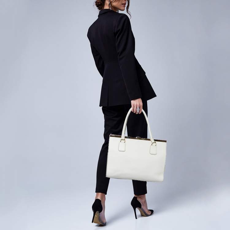 Pre Owned Dolce & Gabbana White Leather Large Frame Tote
