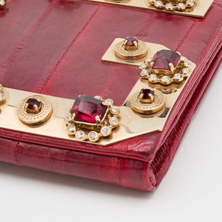 Pre Owned Dolce & Gabbana Red Eel Leather DG Gems Stone Embellished WOC Clutch