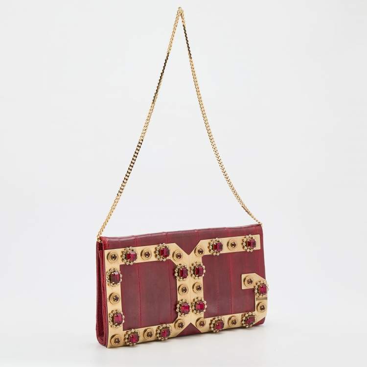 Pre Owned Dolce & Gabbana Red Eel Leather DG Gems Stone Embellished WOC Clutch