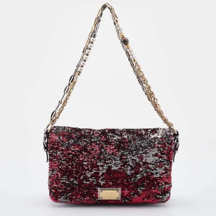 Pre Owned Dolce & Gabbana Red/Silver Sequin and Leather Miss Charles Shoulder Bag