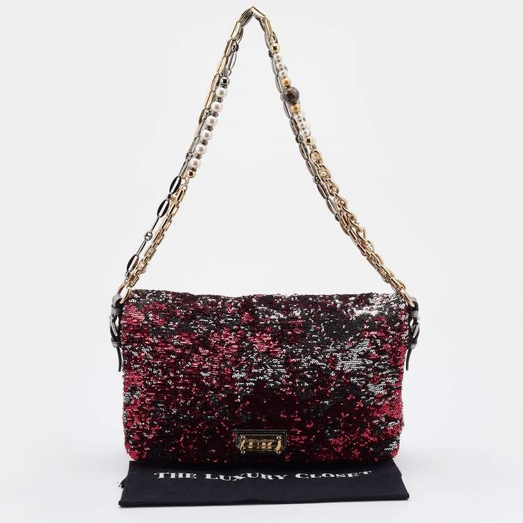 Pre Owned Dolce & Gabbana Red/Silver Sequin and Leather Miss Charles Shoulder Bag