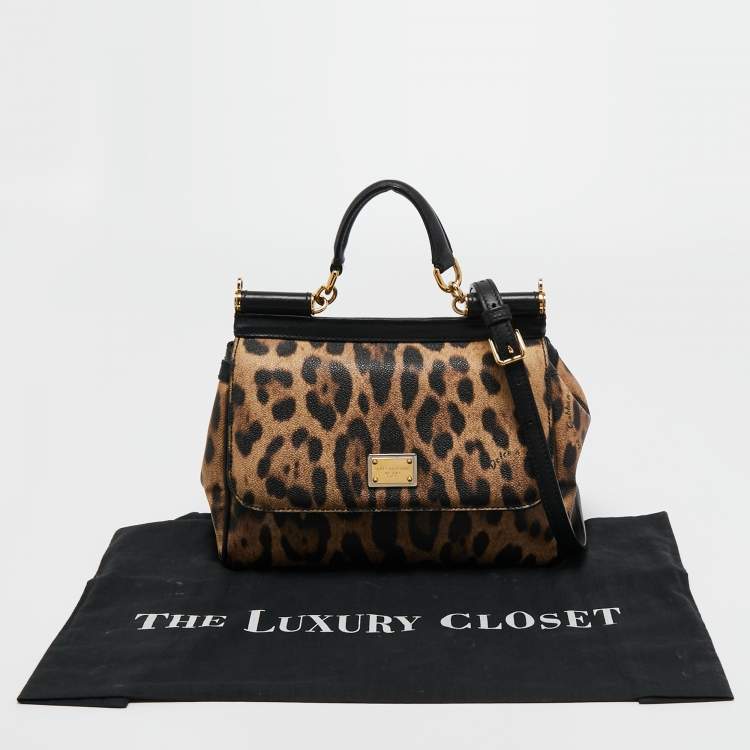 Pre Owned Dolce & Gabbana Black Leopard Print Coated Canvas and Leather Medium Miss Sicily Top Handle Bag
