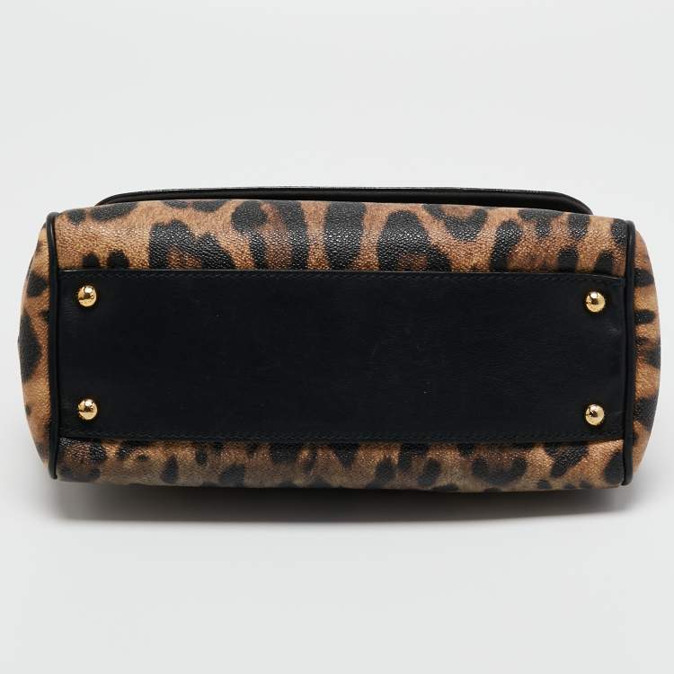 Pre Owned Dolce & Gabbana Black Leopard Print Coated Canvas and Leather Medium Miss Sicily Top Handle Bag
