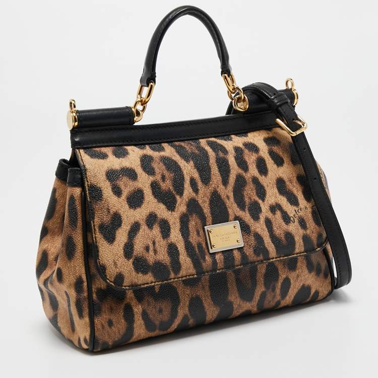 Pre Owned Dolce & Gabbana Black Leopard Print Coated Canvas and Leather Medium Miss Sicily Top Handle Bag