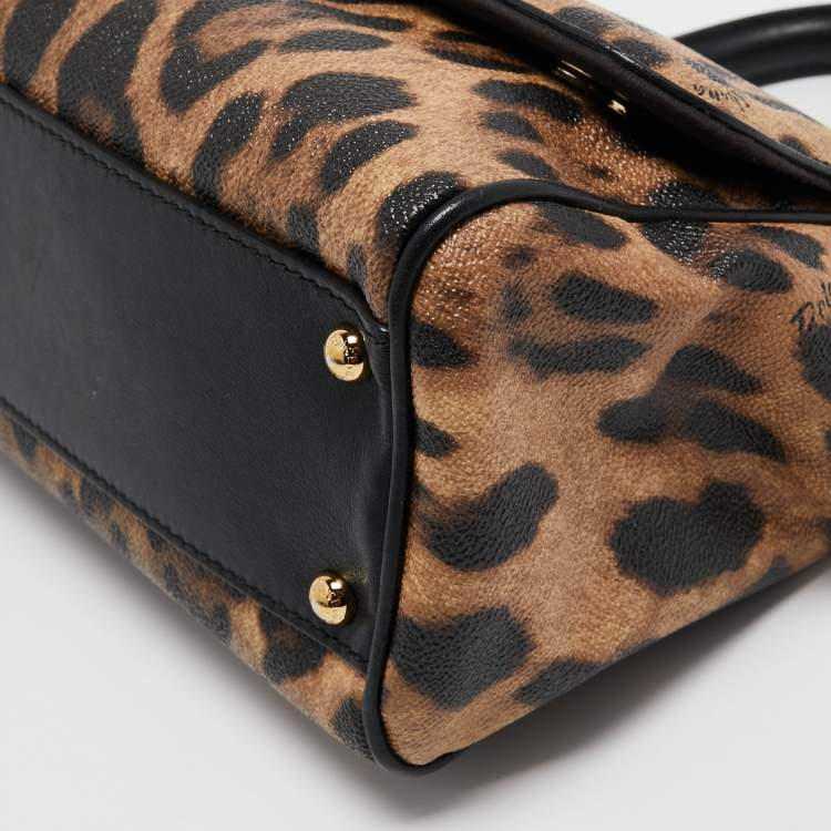 Pre Owned Dolce & Gabbana Black Leopard Print Coated Canvas and Leather Medium Miss Sicily Top Handle Bag