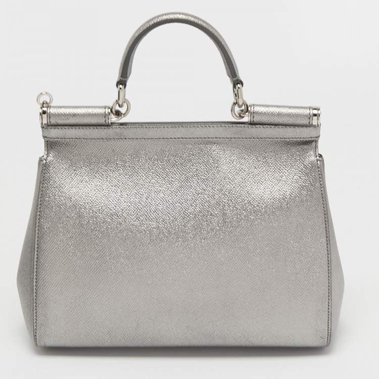 Pre Owned Dolce & Gabbana Metallic Silver Leather Medium Miss Sicily Top Handle Bag