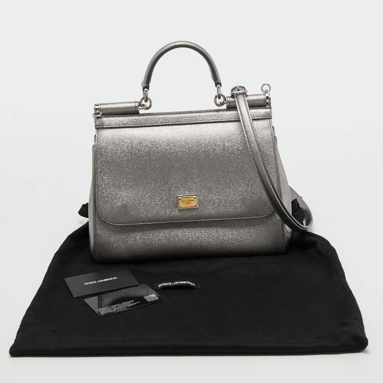 Pre Owned Dolce & Gabbana Metallic Silver Leather Medium Miss Sicily Top Handle Bag