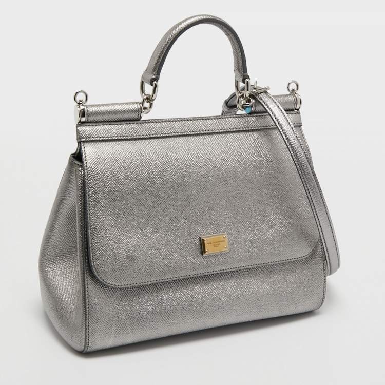 Pre Owned Dolce & Gabbana Metallic Silver Leather Medium Miss Sicily Top Handle Bag