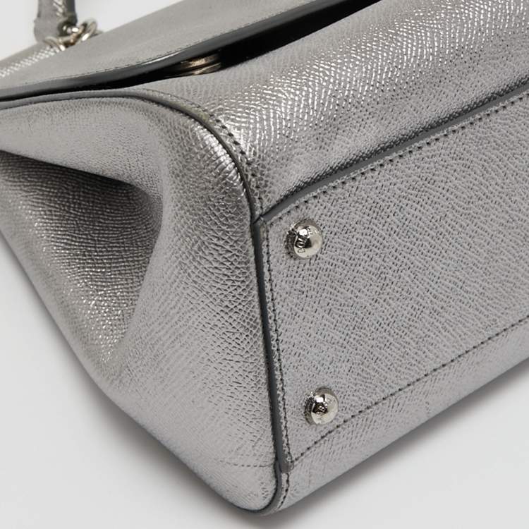 Pre Owned Dolce & Gabbana Metallic Silver Leather Medium Miss Sicily Top Handle Bag