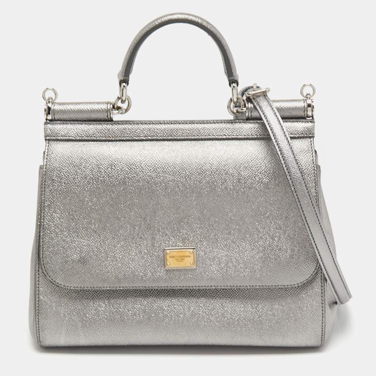 Pre Owned Dolce & Gabbana Metallic Silver Leather Medium Miss Sicily Top Handle Bag