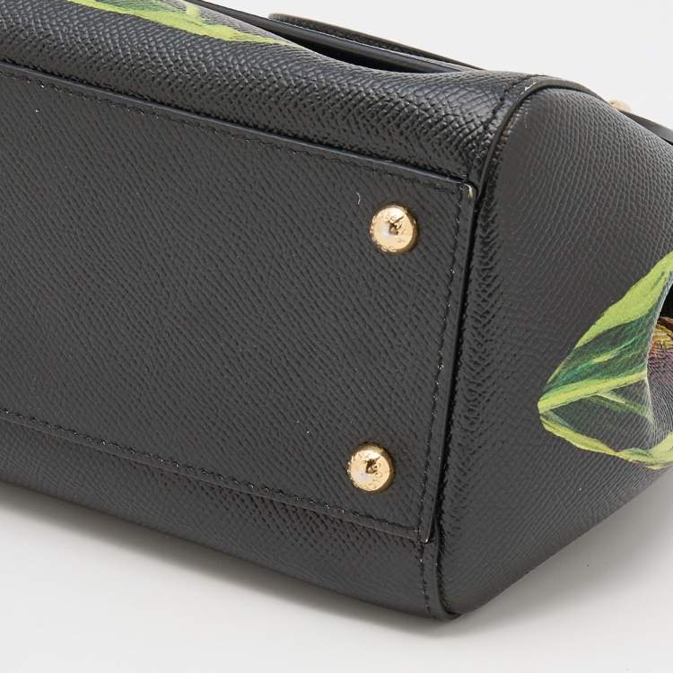 Pre Owned Dolce and Gabbana Black Multicolor Tulip Print Leather Medium Miss Sicily Top Handle Bag