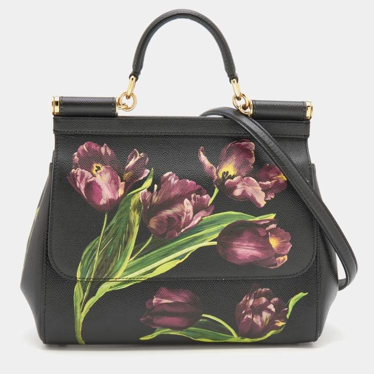 Pre Owned Dolce and Gabbana Black Multicolor Tulip Print Leather Medium Miss Sicily Top Handle Bag