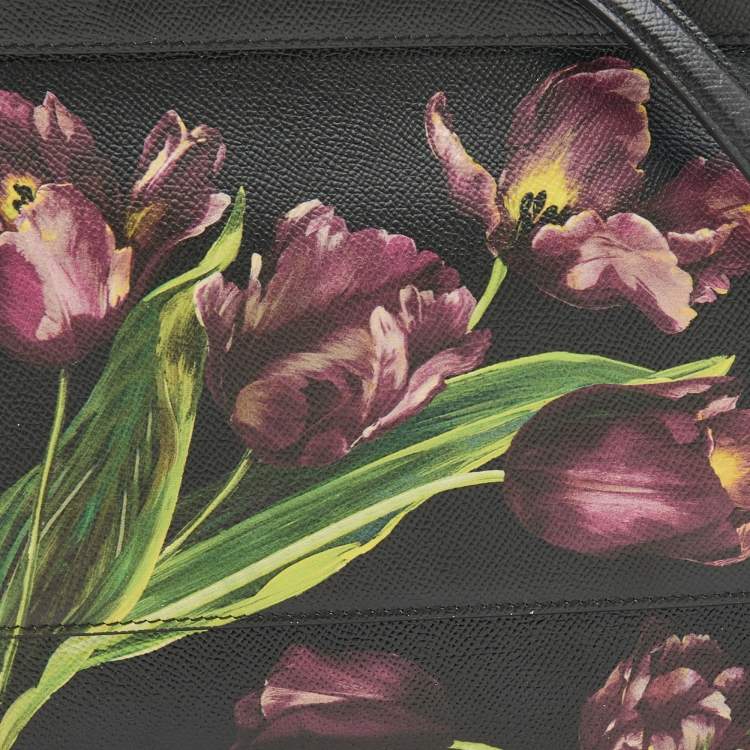 Pre Owned Dolce and Gabbana Black Multicolor Tulip Print Leather Medium Miss Sicily Top Handle Bag
