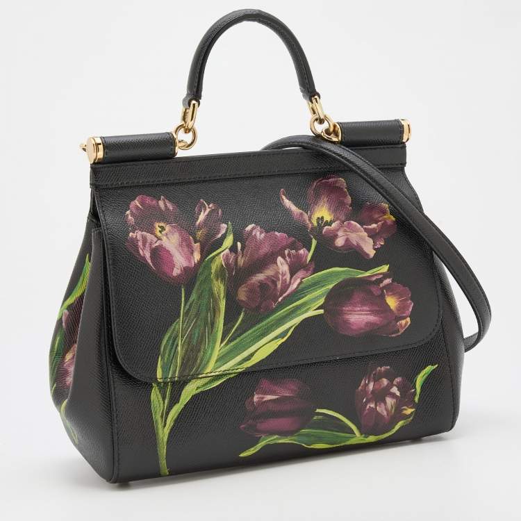 Pre Owned Dolce and Gabbana Black Multicolor Tulip Print Leather Medium Miss Sicily Top Handle Bag