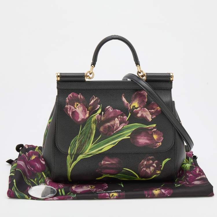 Pre Owned Dolce and Gabbana Black Multicolor Tulip Print Leather Medium Miss Sicily Top Handle Bag