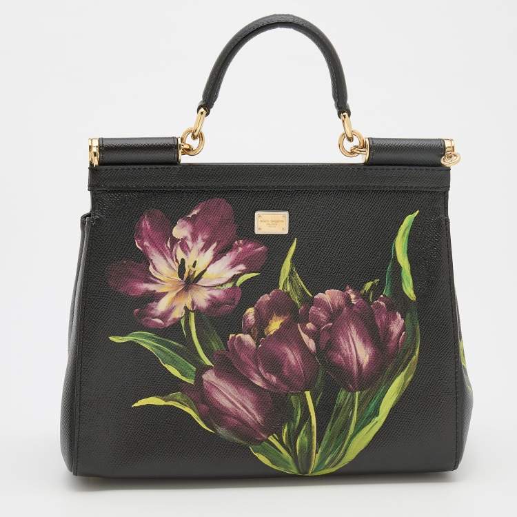 Pre Owned Dolce and Gabbana Black Multicolor Tulip Print Leather Medium Miss Sicily Top Handle Bag
