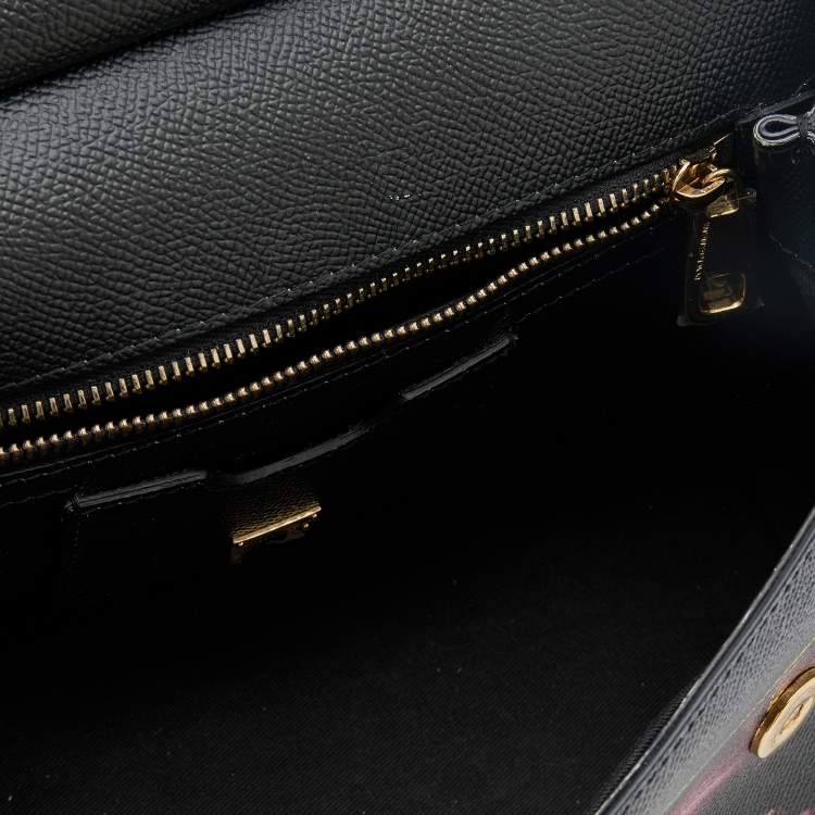 Pre Owned Dolce and Gabbana Black Multicolor Tulip Print Leather Medium Miss Sicily Top Handle Bag