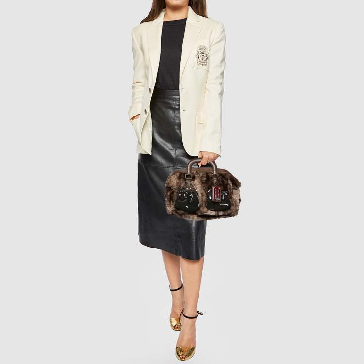Pre Owned Dolce & Gabbana Beige/Brown Rabbit Fur and Leather Miss Curly Bag
