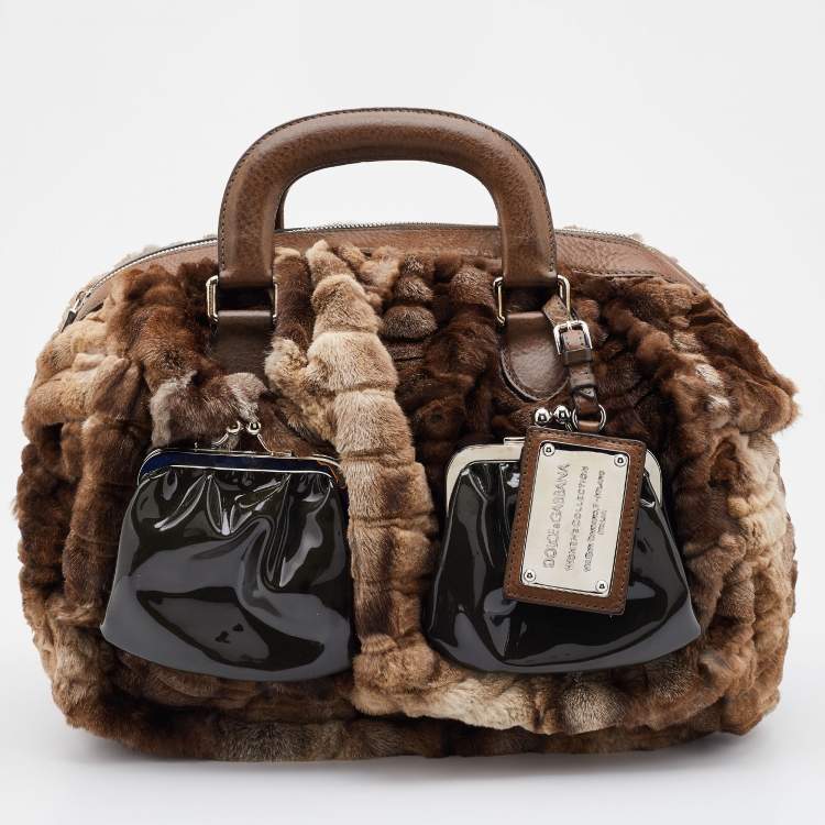 Pre Owned Dolce & Gabbana Beige/Brown Rabbit Fur and Leather Miss Curly Bag