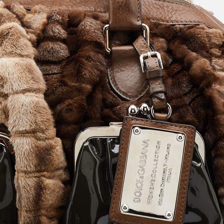 Pre Owned Dolce & Gabbana Beige/Brown Rabbit Fur and Leather Miss Curly Bag
