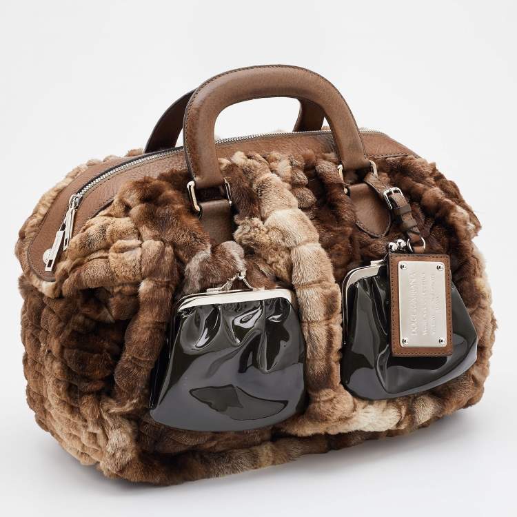 Pre Owned Dolce & Gabbana Beige/Brown Rabbit Fur and Leather Miss Curly Bag