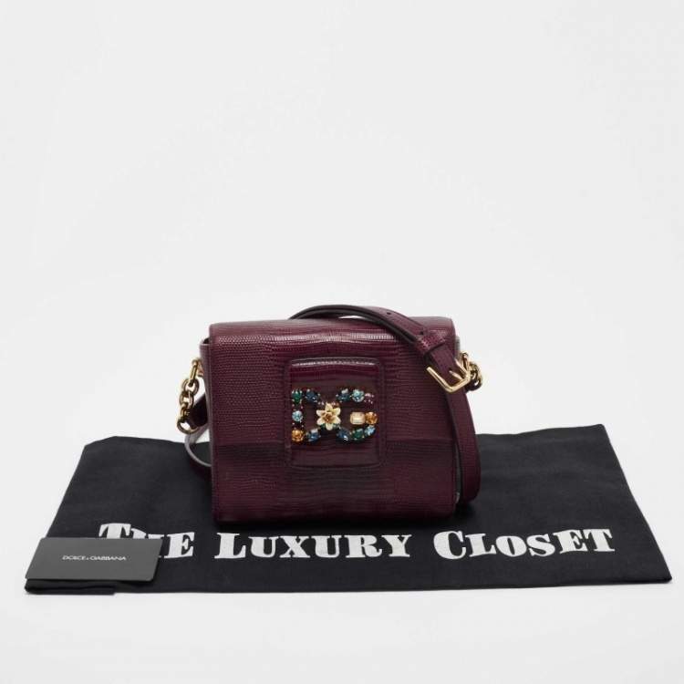 Pre Owned Dolce & Gabbana Burgundy Lizard Embossed Leather DG Millenials Crossbody Bag