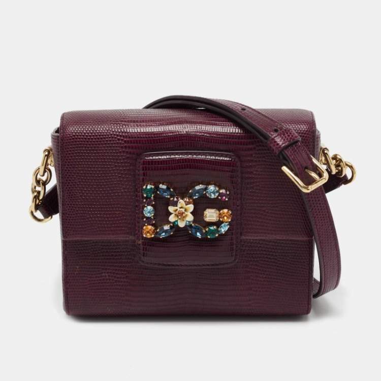Pre Owned Dolce & Gabbana Burgundy Lizard Embossed Leather DG Millenials Crossbody Bag
