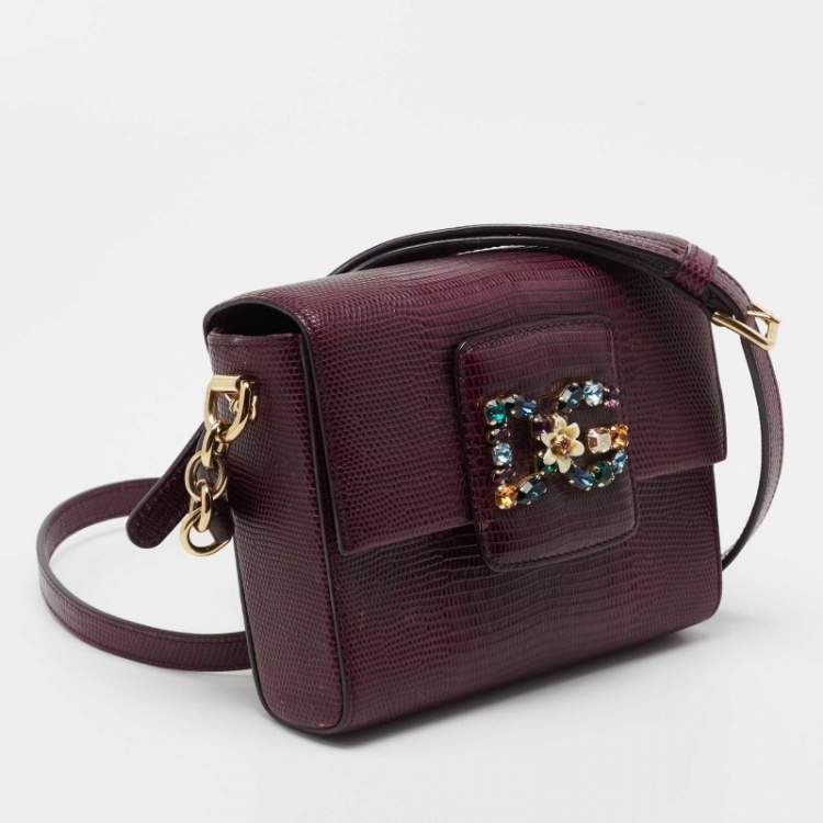Pre Owned Dolce & Gabbana Burgundy Lizard Embossed Leather DG Millenials Crossbody Bag