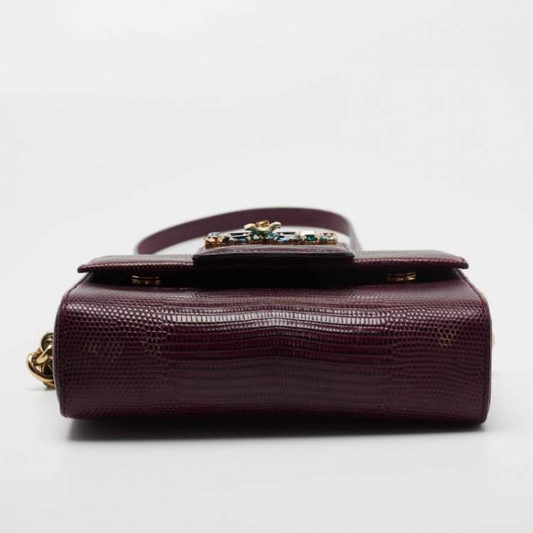 Pre Owned Dolce & Gabbana Burgundy Lizard Embossed Leather DG Millenials Crossbody Bag