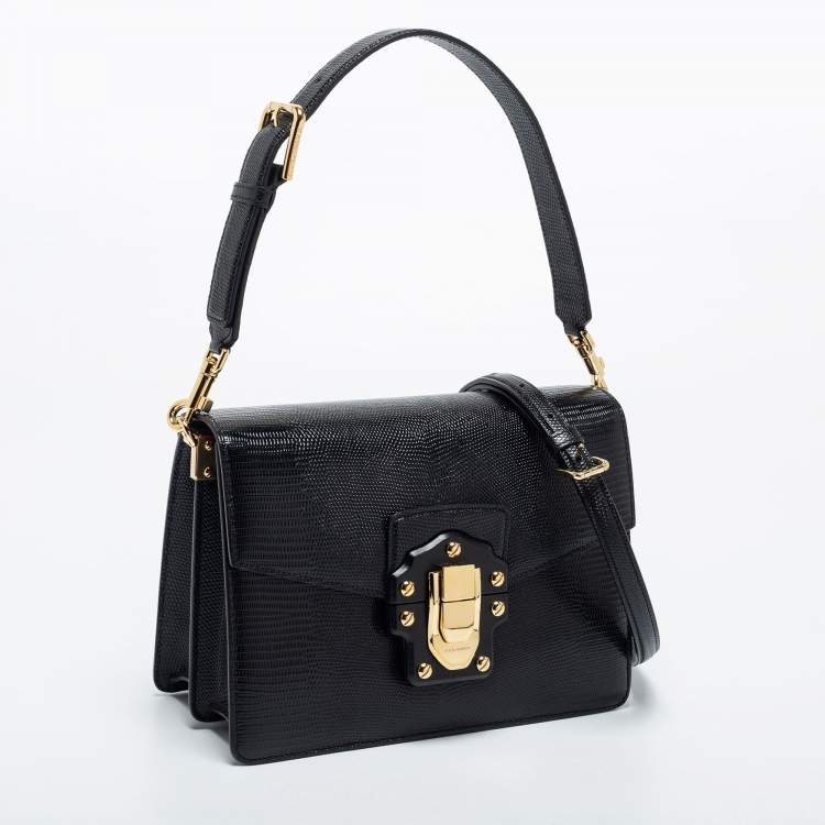 Pre Owned Dolce & Gabbana Black Iguana Embossed Leather Medium Lucia Medium Shoulder Bag