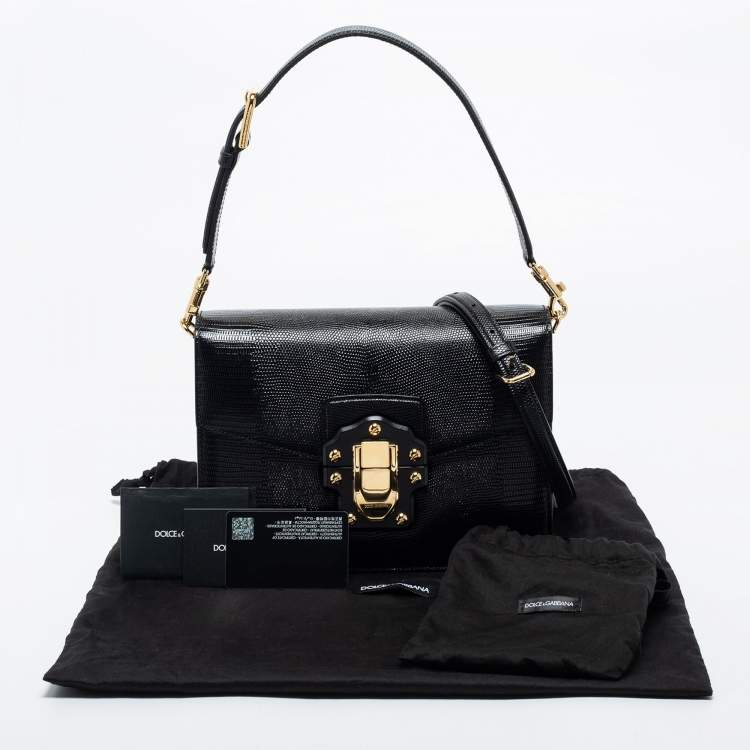 Pre Owned Dolce & Gabbana Black Iguana Embossed Leather Medium Lucia Medium Shoulder Bag