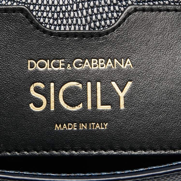 Pre Owned Dolce & Gabbana Blue Iguana Embossed Leather Medium Crystal DG Logo Miss Sicily Top Handle Bag