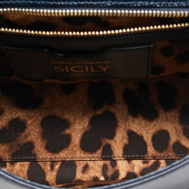 Pre Owned Dolce & Gabbana Blue Iguana Embossed Leather Medium Crystal DG Logo Miss Sicily Top Handle Bag