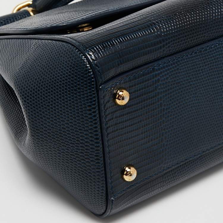 Pre Owned Dolce & Gabbana Blue Iguana Embossed Leather Medium Crystal DG Logo Miss Sicily Top Handle Bag