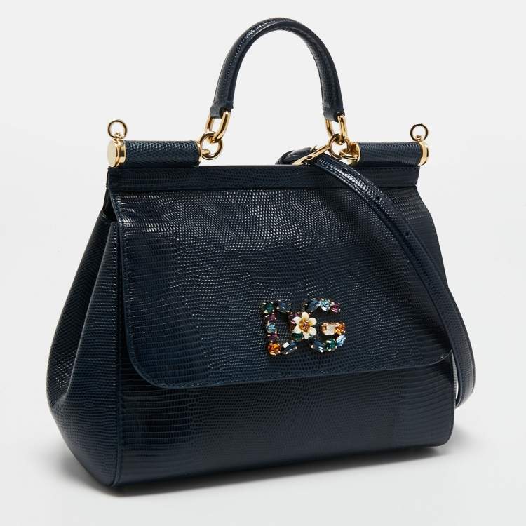 Pre Owned Dolce & Gabbana Blue Iguana Embossed Leather Medium Crystal DG Logo Miss Sicily Top Handle Bag