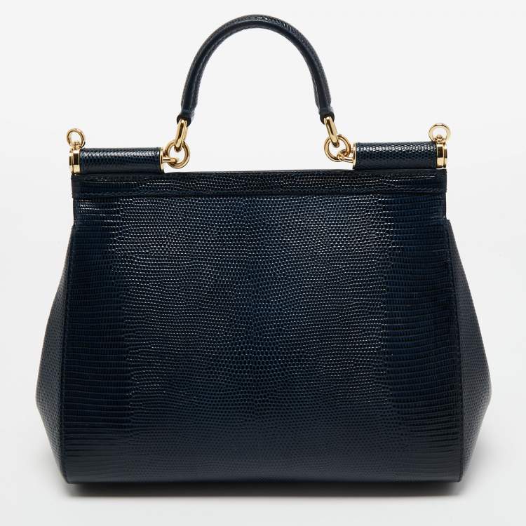 Pre Owned Dolce & Gabbana Blue Iguana Embossed Leather Medium Crystal DG Logo Miss Sicily Top Handle Bag