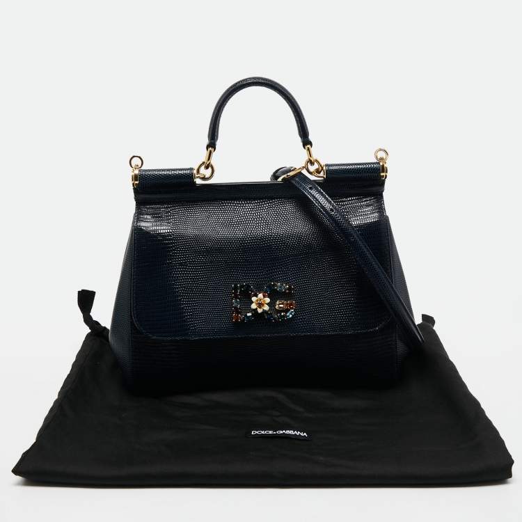 Pre Owned Dolce & Gabbana Blue Iguana Embossed Leather Medium Crystal DG Logo Miss Sicily Top Handle Bag