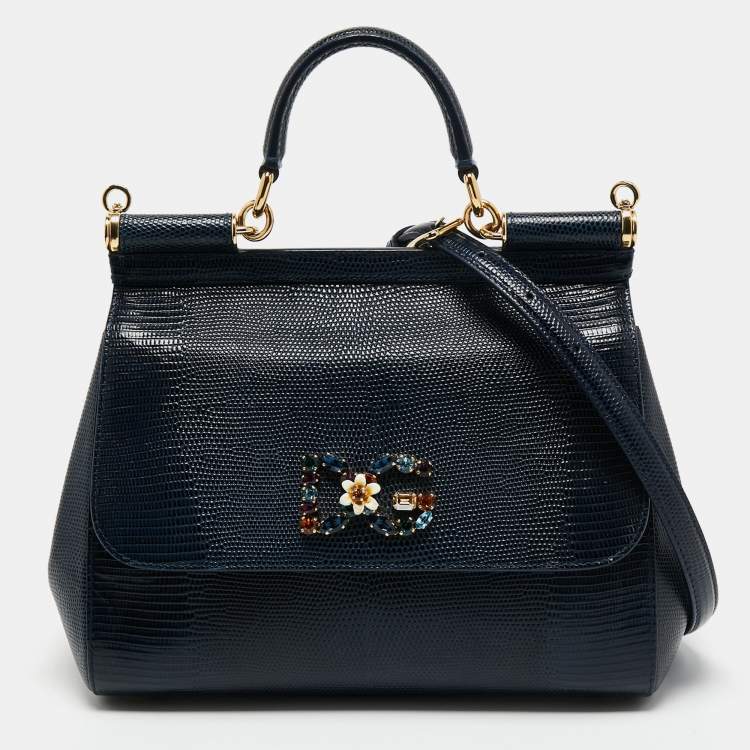 Pre Owned Dolce & Gabbana Blue Iguana Embossed Leather Medium Crystal DG Logo Miss Sicily Top Handle Bag