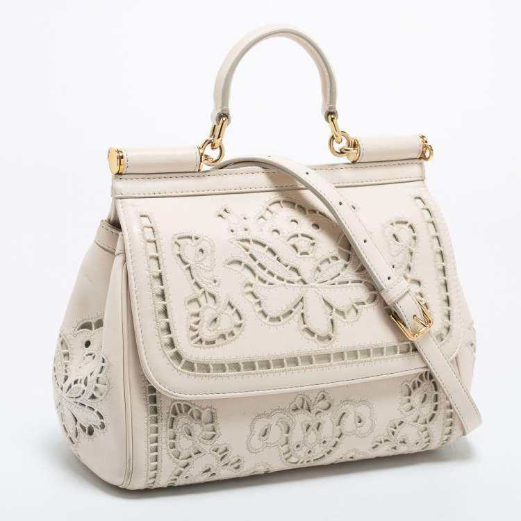 Pre Owned Dolce & Gabbana Off White Floral Cut Out Leather Medium Miss Sicily Top Handle Bag