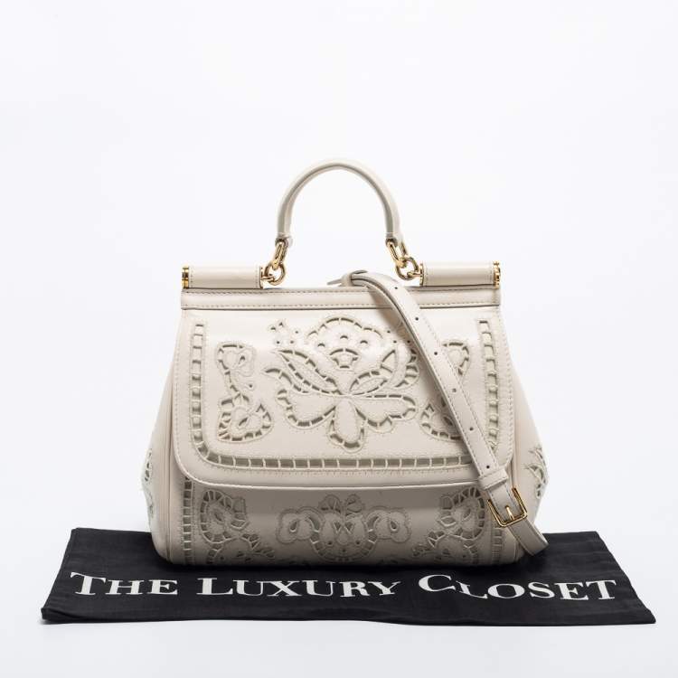 Pre Owned Dolce & Gabbana Off White Floral Cut Out Leather Medium Miss Sicily Top Handle Bag