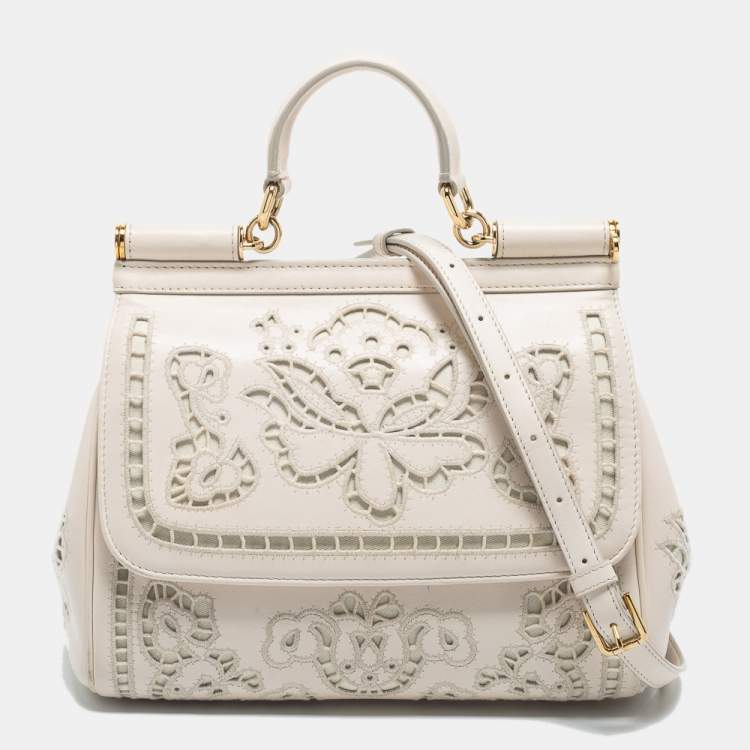 Dolce & Gabbana Off White Floral Cut Out Leather Medium Miss Sicily Top  Handle Bag Dolce & Gabbana | TLC