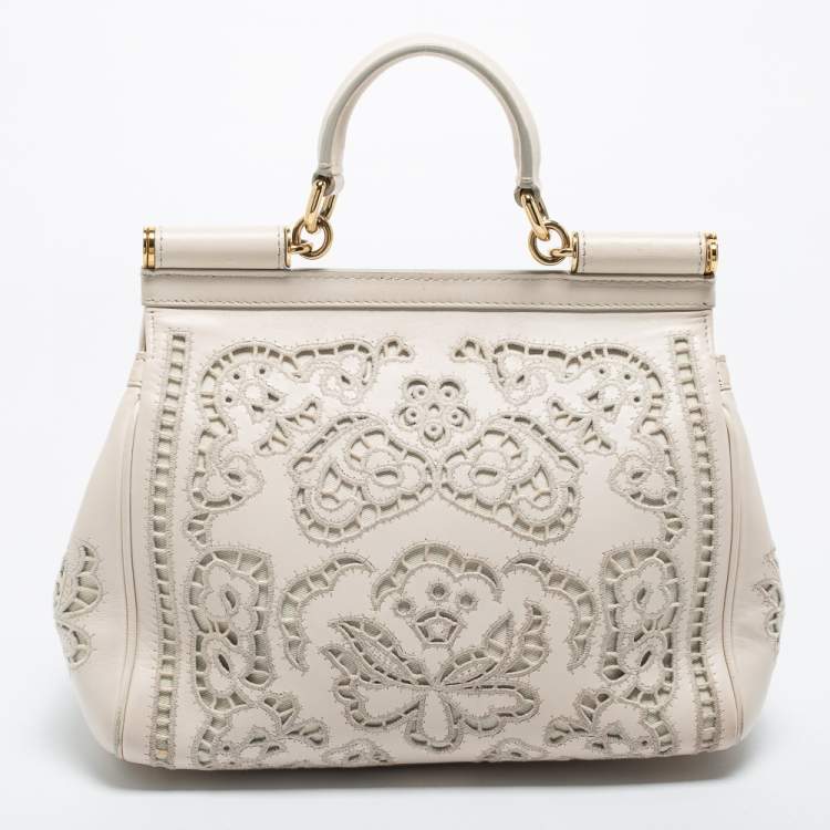 Pre Owned Dolce & Gabbana Off White Floral Cut Out Leather Medium Miss Sicily Top Handle Bag