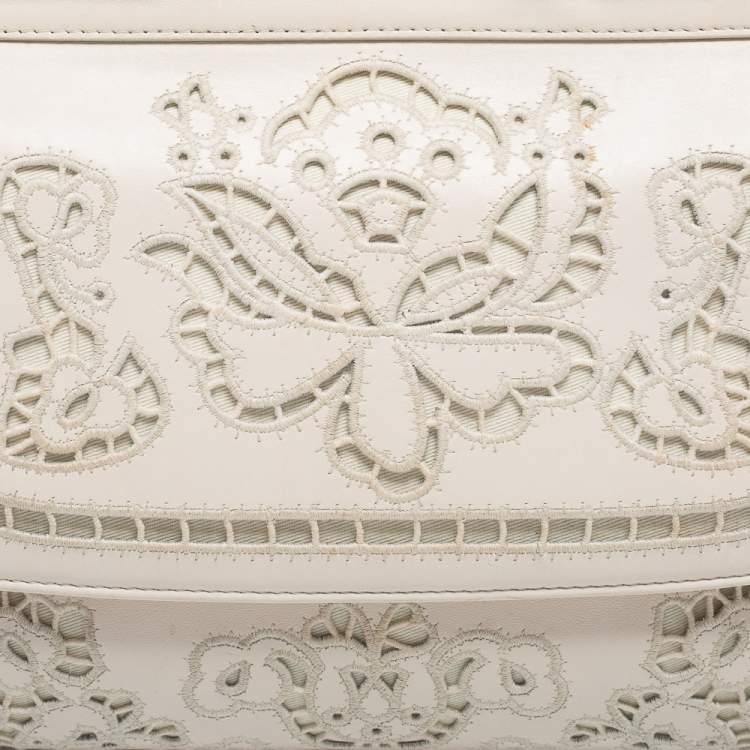 Pre Owned Dolce & Gabbana Off White Floral Cut Out Leather Medium Miss Sicily Top Handle Bag