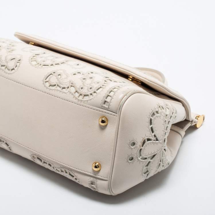 Pre Owned Dolce & Gabbana Off White Floral Cut Out Leather Medium Miss Sicily Top Handle Bag