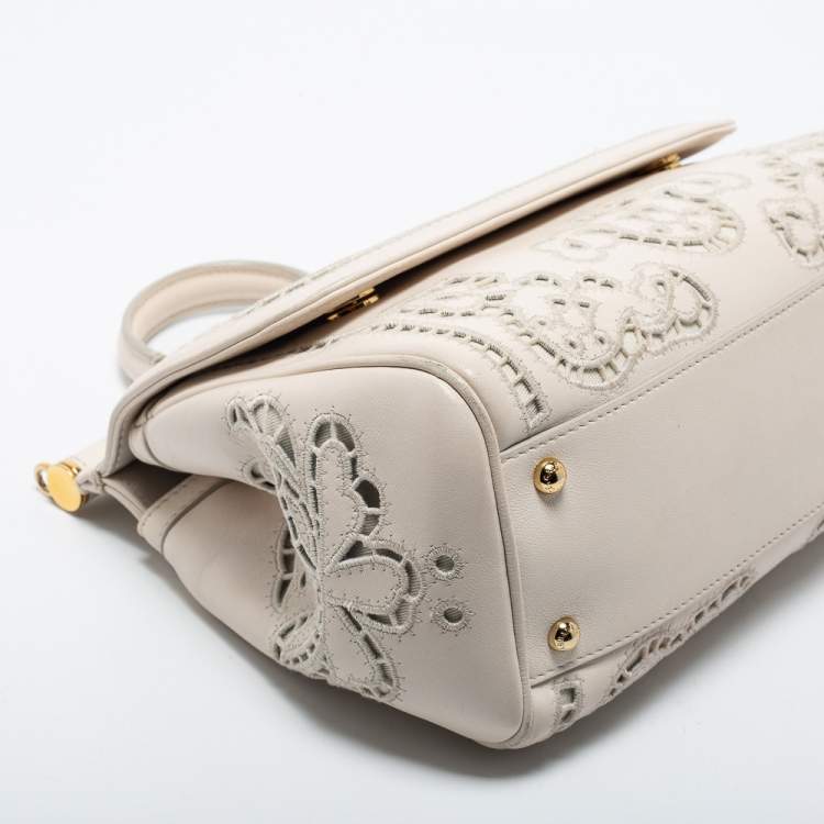 Pre Owned Dolce & Gabbana Off White Floral Cut Out Leather Medium Miss Sicily Top Handle Bag